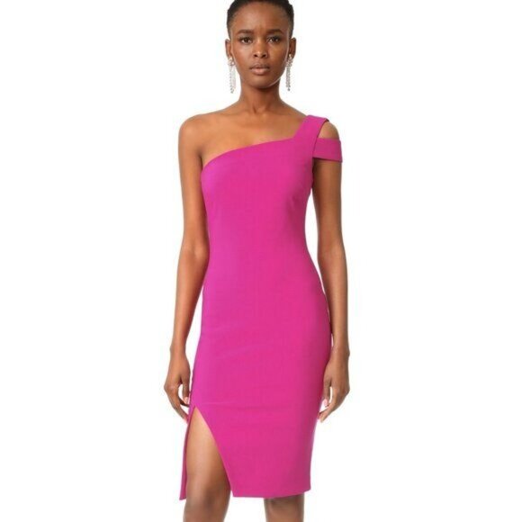 Likely Packard Dress One Shoulder Fuchsia Pink Mid Length Slit Size 12 New - Picture 1 of 12